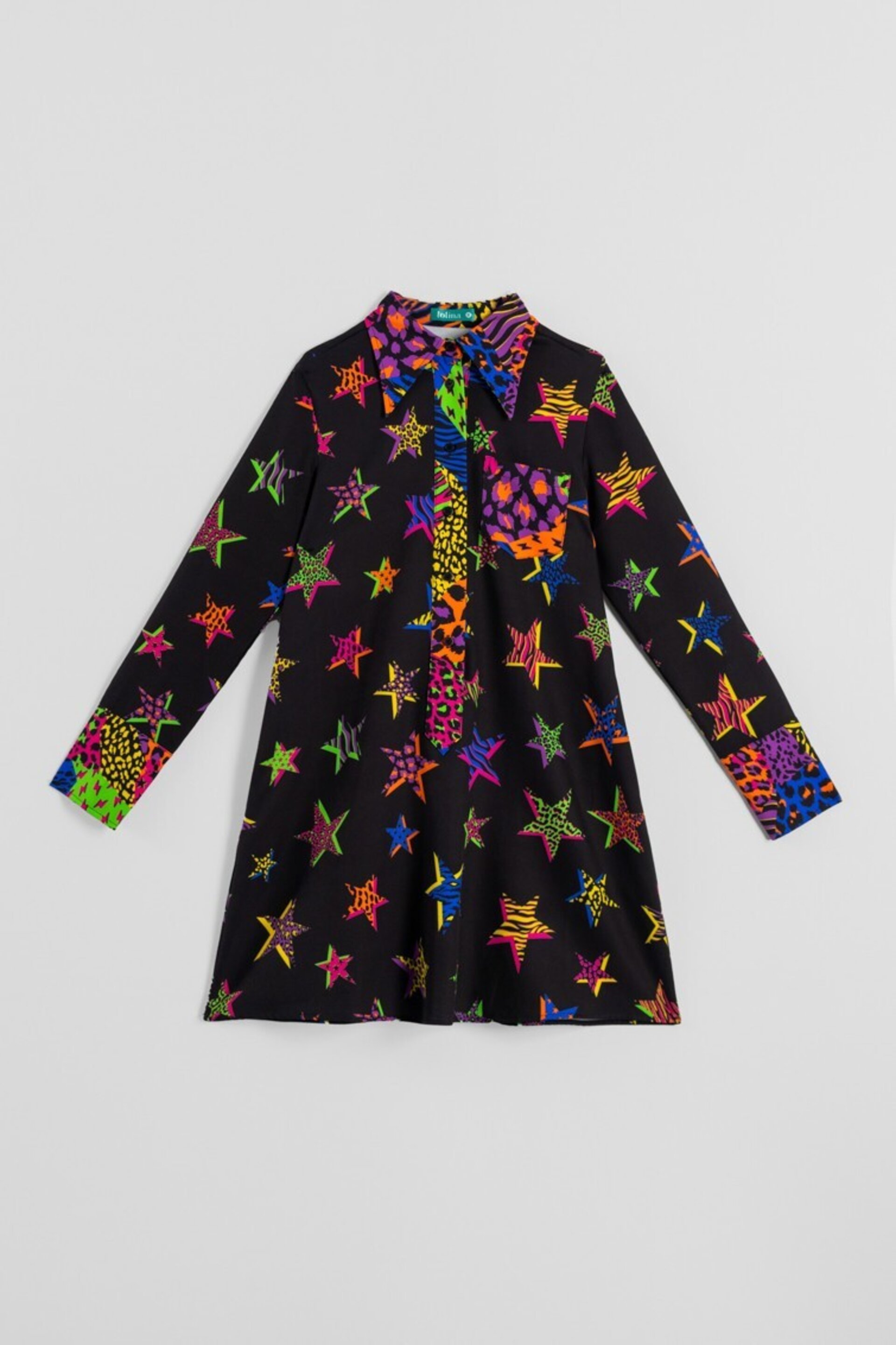 Vestido corte A Maxi cuello camisero de estampado de estrellas con animal print - 6