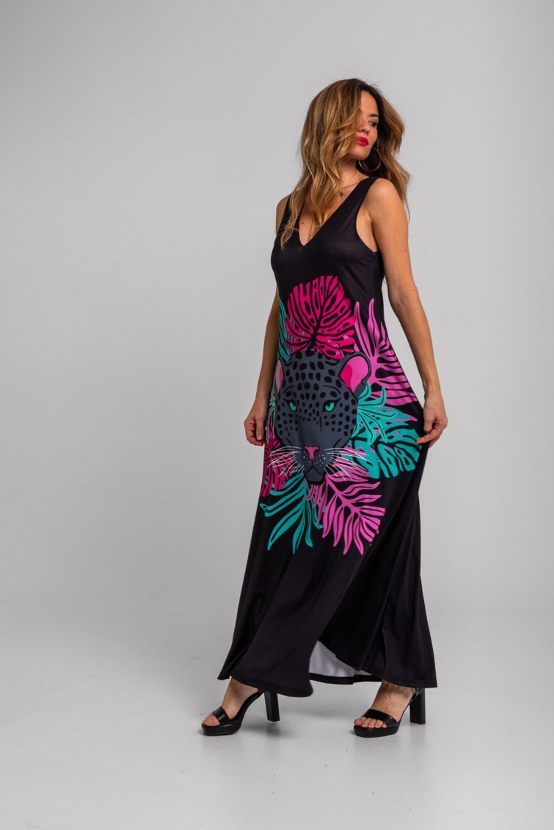 Vestido tirantes de hojas y panteras-nocturna lolina - 7