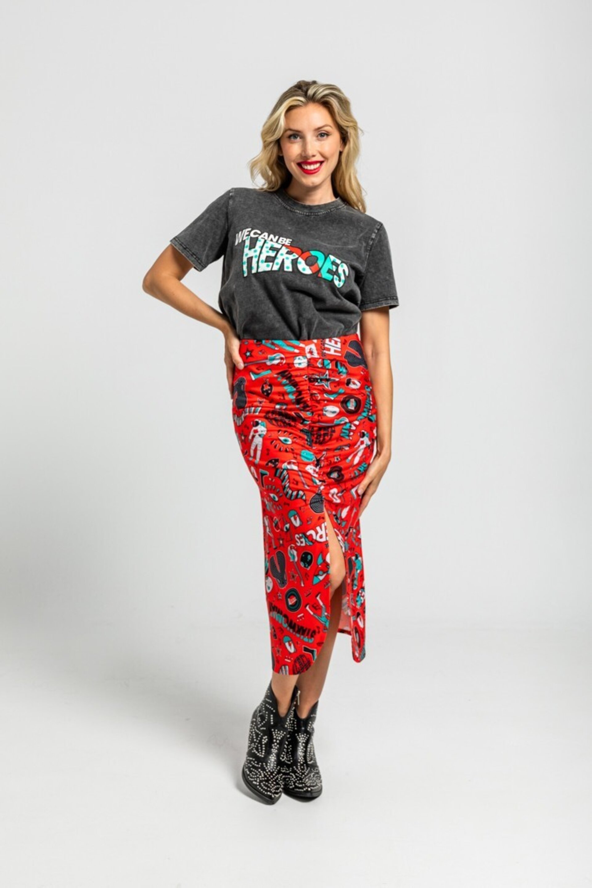 Falda midi drapeado central rojo de estampado Bowie - We can be Heroes - 1