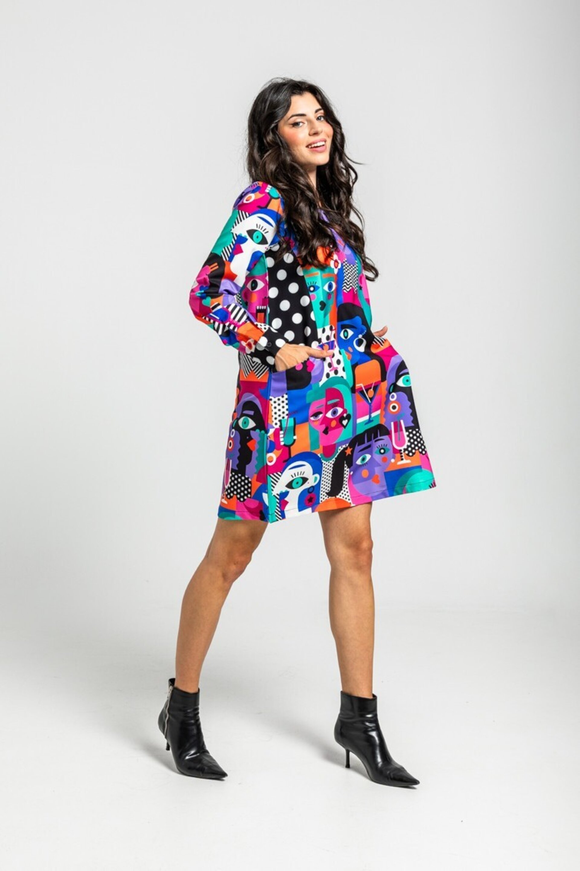 Vestido corte A bolsillos estampado geométrico caras Picasso imperfecta lolina - 2