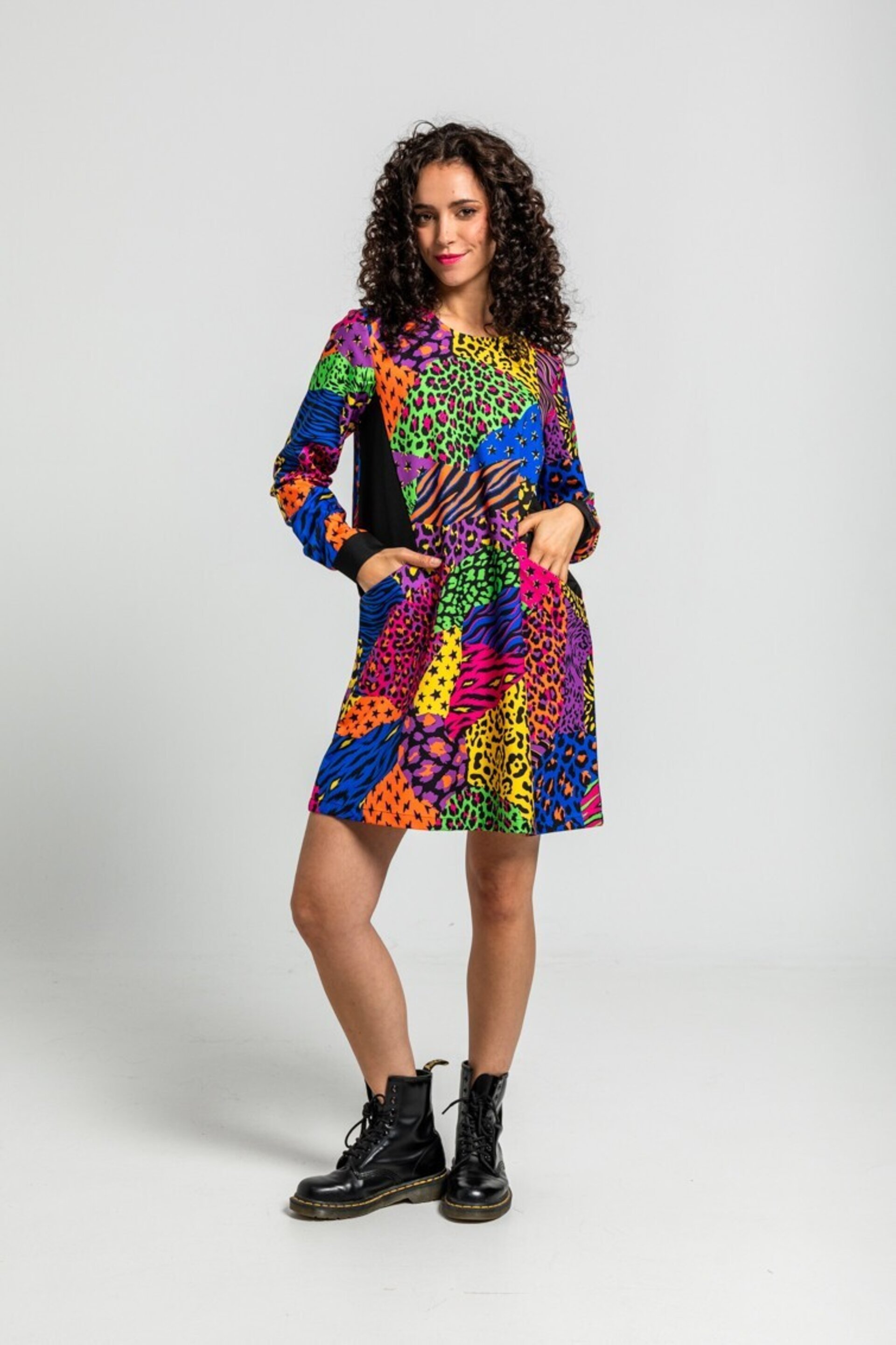 Vestido corte A bolsillos de estampado variado de animal print caótica de Lolina - 2