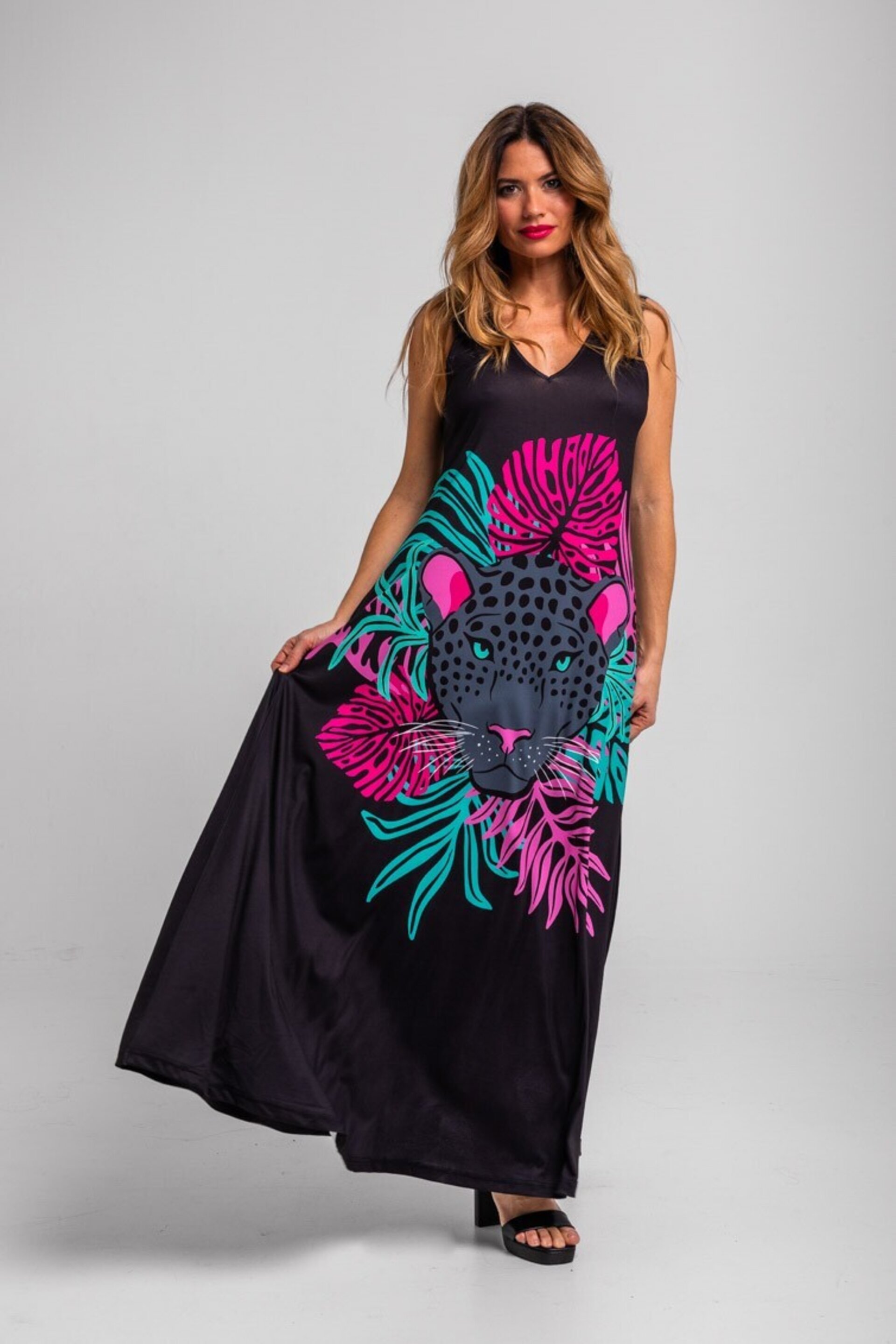 Vestido tirantes de hojas y panteras-nocturna lolina - 1