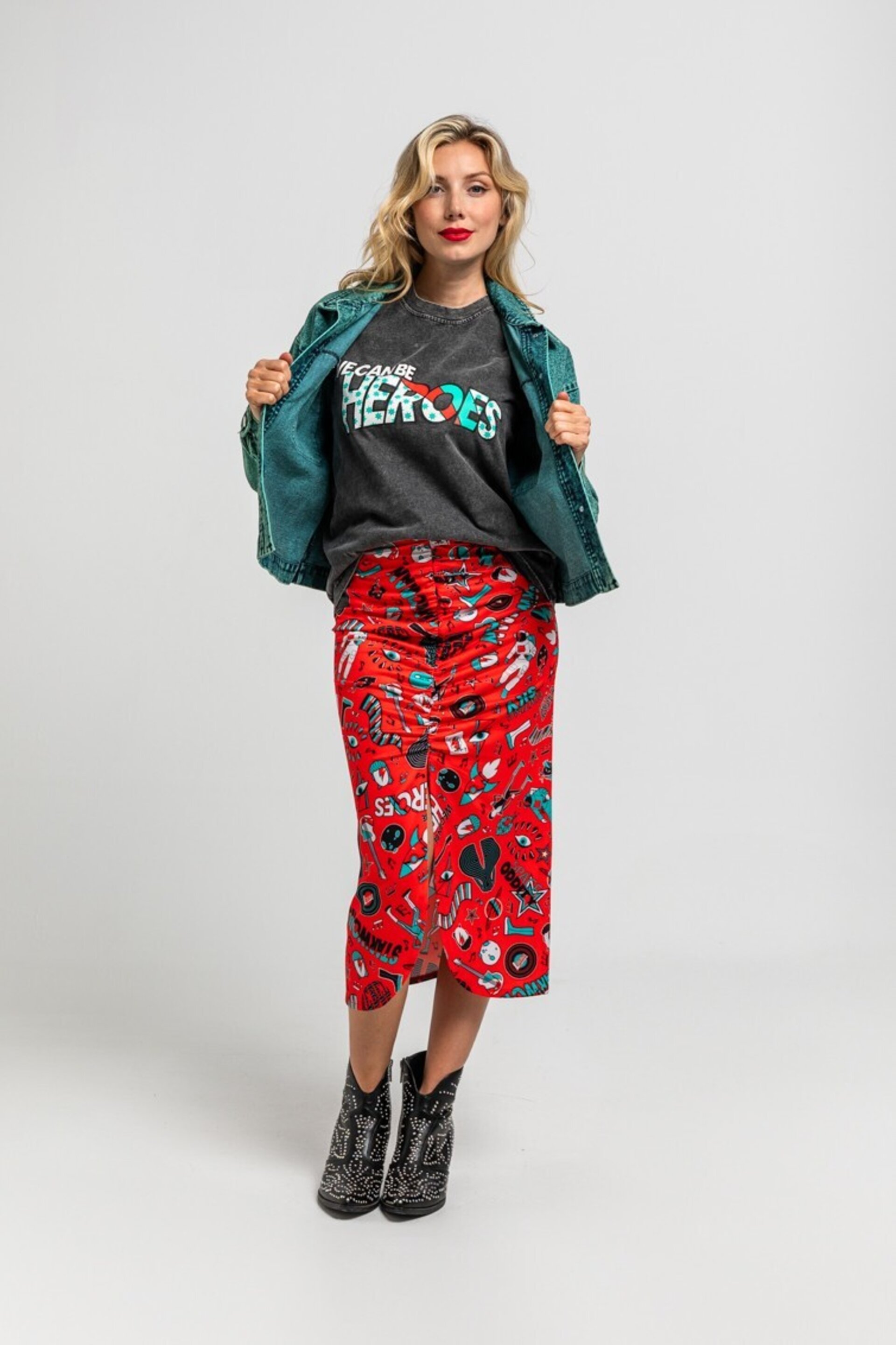 Falda midi drapeado central rojo de estampado Bowie - We can be Heroes - 3