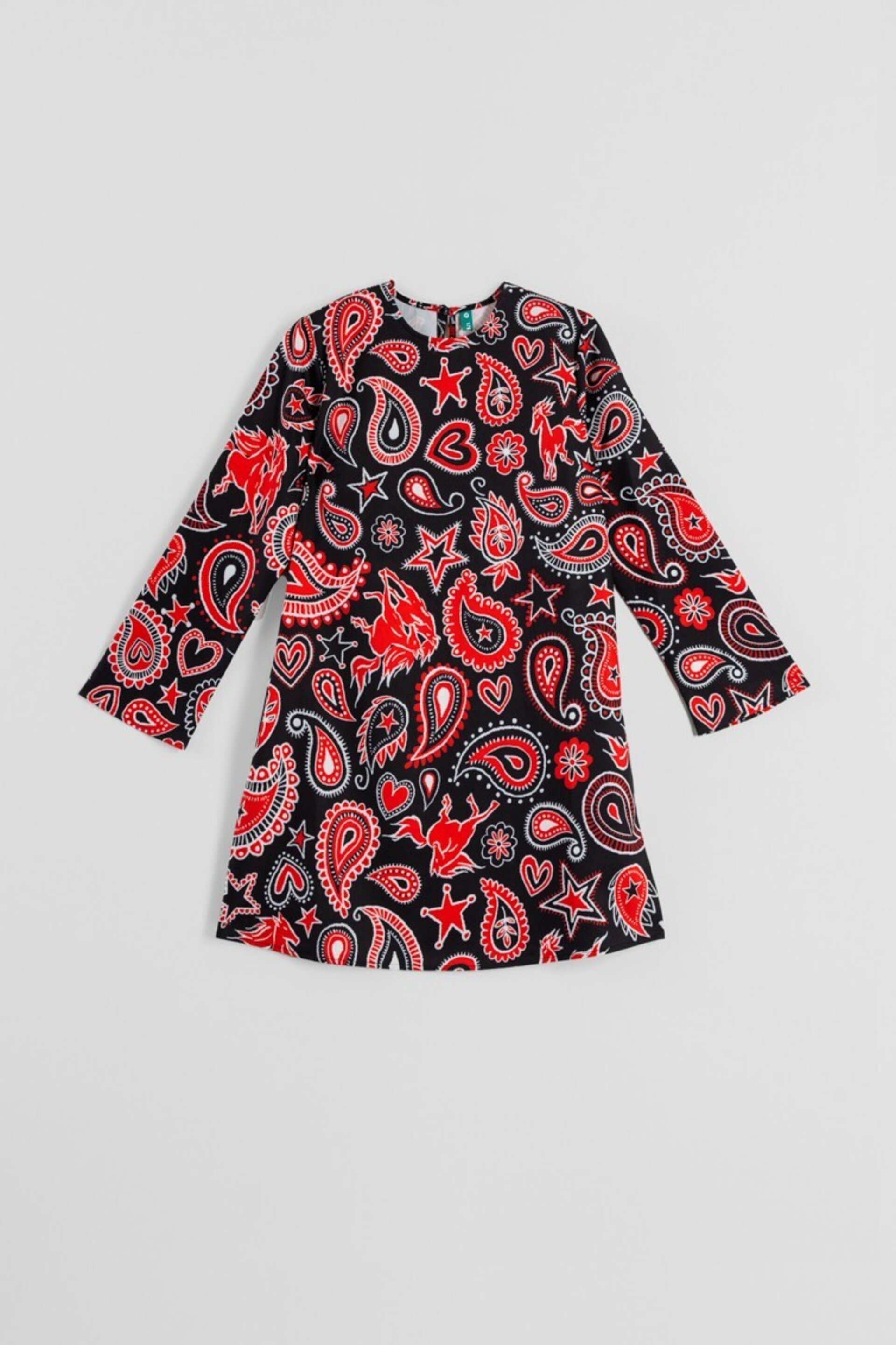 Vestido cuello redondo corte A de estampado paisley cachemir negro -Alma libre - 4